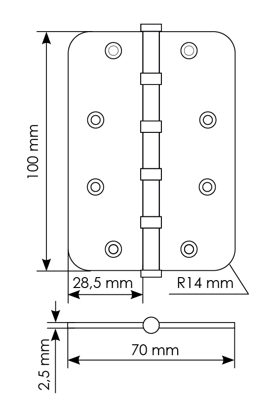Петля стальная MSN-C 100X70X2.5-4BB SG скругленная универсальная с подшипником, вес полотна до 40 кг, цвет матовое золото фото купить в Хабаровске
